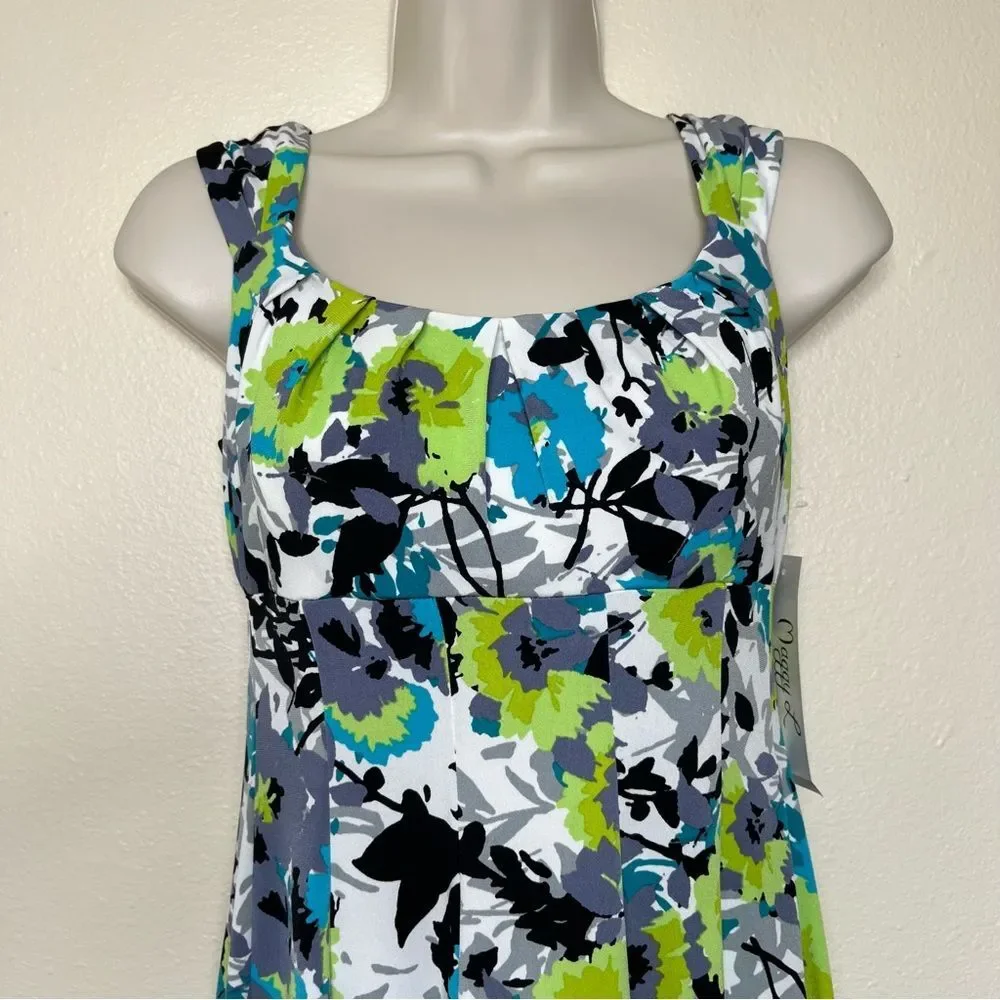NWT Maggy L Petite White Green Abstract Floral Print Sleeveless Dress Women 4P